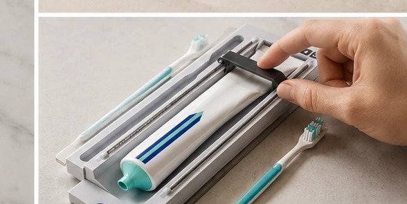 A hand pressing the Pearl button to release a clean line of toothpaste, no squeezing