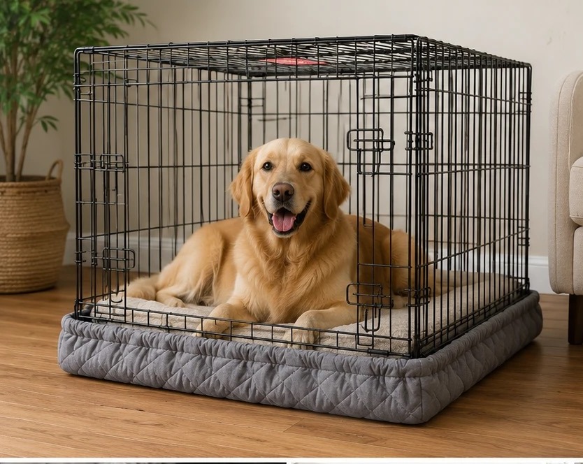 A golden retriever in a crate with the Crate Wrap base wrap